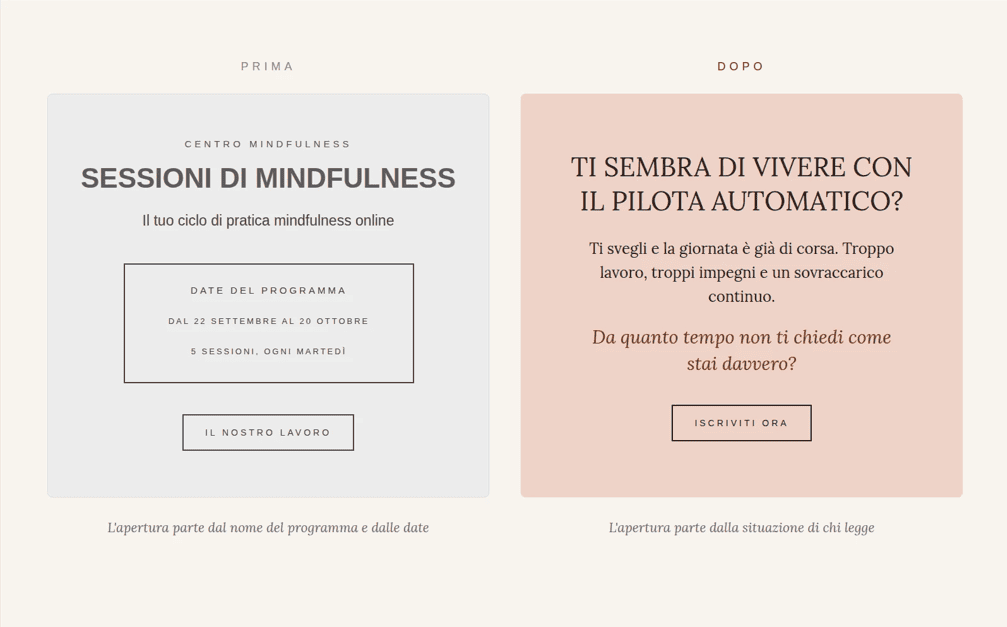 Copywriter landing page servizi benessere. Confronto tra apertura con il nome del corso e apertura con il problema del lettore