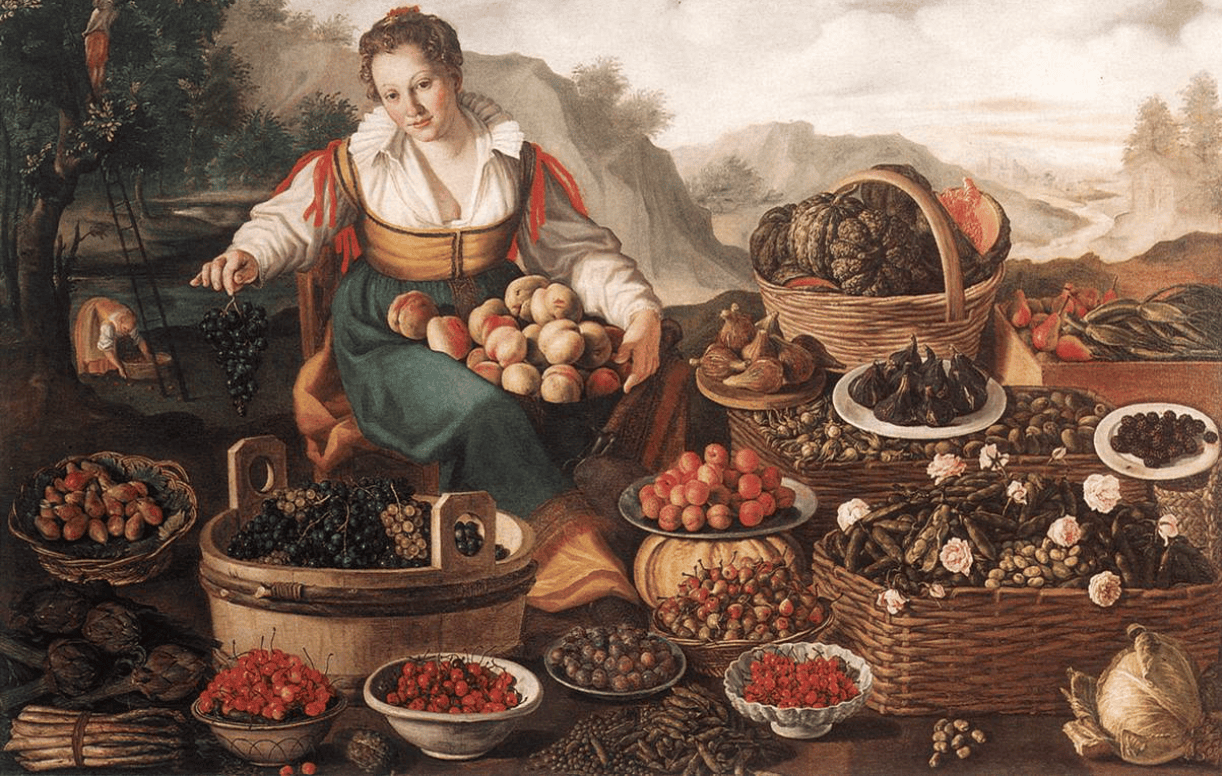storytelling aziendale, la Fruttivendola di Vincenzo Campi con ceste di frutta e verdura in primo piano