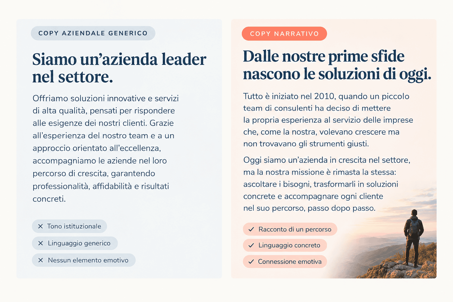 storytelling aziendale: confronto tra copy descrittivo e copy narrativo esempio homepage